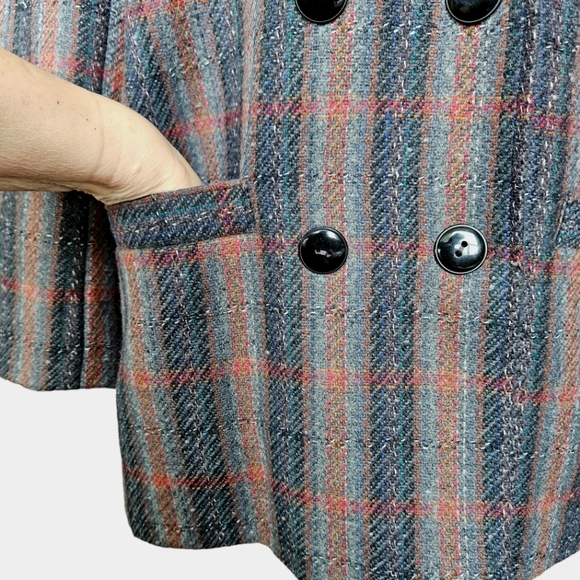 Vintage 90s Oversized Grey Red Blue Glen Plaid Hand Made Woolen Jacket Blazer 12 - Picture 8 of 15